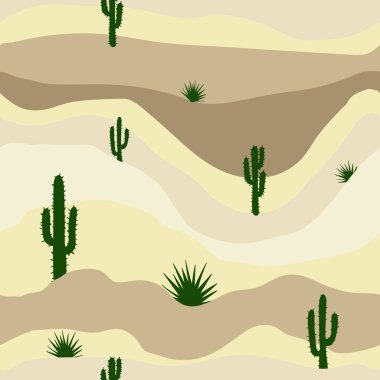 Minimalist, basit çöl kaktüsü desenli, yeşil bitki kaktüsleri manzaralı, dikişsiz manzara tasarımı. Kurak arazi illüstrasyonunu tekrarla.