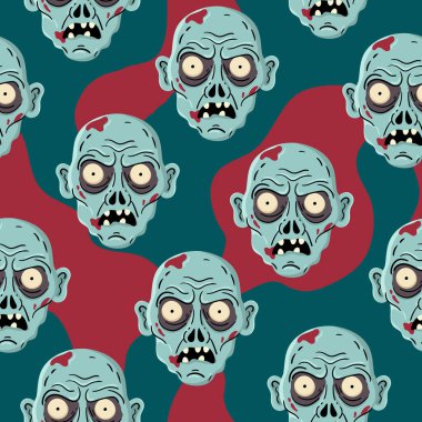 Cadılar bayramı temalı kumaş ve ürkütücü dijital kağıt tasarımları için tüyler ürpertici zombi başsız desenli deniz mavisi ve kırmızı arka plan
