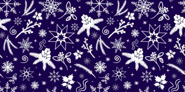 Noel desensiz karalama elementleri. Koyu mavi arka plan. Web dekorasyonu tekstil baskısı için tatil tasarımı.