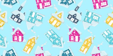 Karikatür karla kaplı evlerin pembe mavi ve lacivertle kaplandığı renksiz kış desenleri çocukların kumaşı ya da ambalajı için hafif arka plan şenlik vektörü.