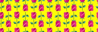 Sevgililer Günü baskıları ve dijital sanat eserleri için sarı arka plan minimalist tasarımı olan pembe çiçekli ve yeşil yapraklı romantik yineleme deseni