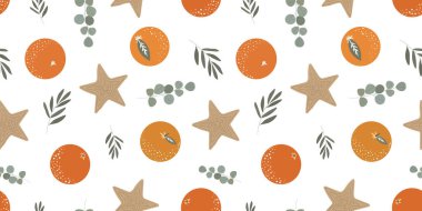 Boho Noeli, portakallı, tahta yıldızlı ve beyaz arka planda bitkilerli kusursuz desenli bohem kış tarzı.