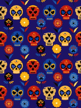 Ölü sarı mavi şeker kafataslarının kusursuz desenli günü koyu mavi arka planda siyah çiçekler. Carlos Muertos şenlikli tekstil cadılar bayramı tasarımları.