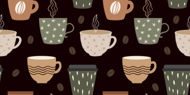 Kafe dekoru kumaş tasarımı ve mutfak duvar kâğıdı tasarımı için koyu arka planda kahve çekirdekleri ve sevimli kupaları olan sade kahve kalıpları.