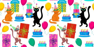 cute funny kitty cat characters celebrating happy birthday holiday event seamless vector background pattern design for children