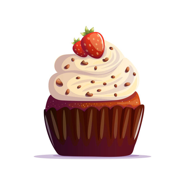 A delightful vanilla cupcake topped with fluffy white whipped cream, rich chocolate sprinkles, and two juicy strawberries. This sweet treat brings joy and indulgence, making every bite a moment of happiness.