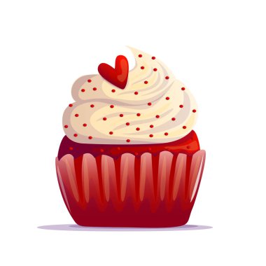 Lezzetli bir kırmızı kadife kek, üzerinde yumuşak beyaz krema ve yenilebilir bir kalp. Bu büyüleyici tatlı neşe ve sıcaklık getirir. Aşkı ve özel anları kutlamak için mükemmeldir..