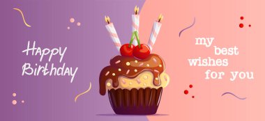 Celebrate birthdays in style with a festive banner featuring a Banana Split cupcake topped with chocolate frosting, colorful sprinkles, and three lit candles. Perfect for cheerful party designs! clipart