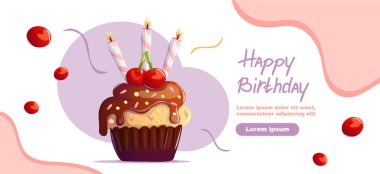 A delightful birthday banner showcasing a whimsical Banana Split cupcake with chocolate frosting, vibrant sprinkles, and glowing candles. Add sweetness to any celebration with this joyful design! clipart