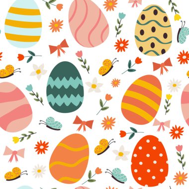 Seamless Easter pattern featuring colorful flat-style Easter eggs and delicate flowers on a cheerful background. This festive design is perfect for holiday wrapping paper, textiles, greeting cards, and seasonal decorations. clipart