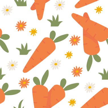 Yumuşak bir zemin üzerinde parlak turuncu havuçlar ve narin çiçeklerden oluşan kusursuz bir desen. Paskalya için mükemmel, çocuk baskıları, tekstil ve çiftlik temalı tasarımlar. Neşeli ve taze, çeşitli projeler için harika..