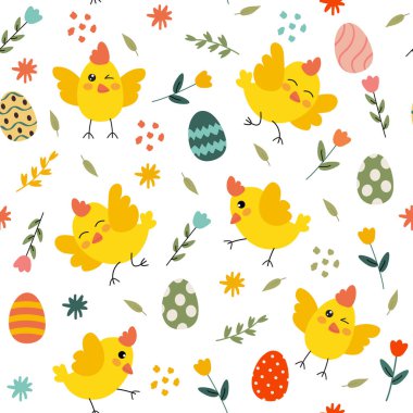 Yumurta ve Çiçekli Neşeli Paskalya Tavuğu Deseni - Vektör Tasarımı