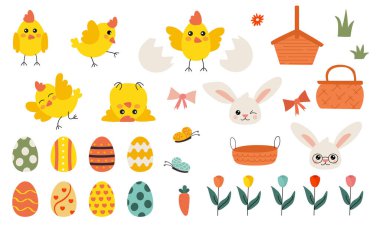 Easter Vector Set with Chicks, Eggs, Rabbits, and Flowers clipart