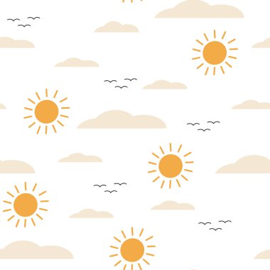 Bulutlu ve Kuşlu Güneşli Gökyüzü Deseni - Vektör Tasarımı