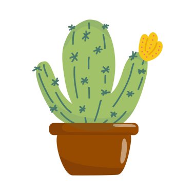 Sarı çiçekli çömlek içinde el yapımı şirin kaktüsler. Tasarım, dekorasyon ve baskı projeleri için mükemmel.