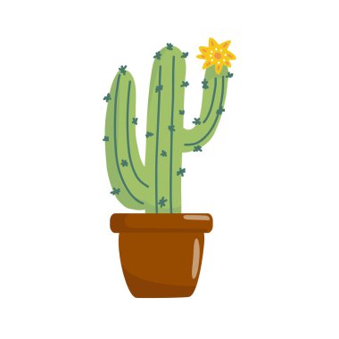 Sarı çiçekli çömlek içinde el yapımı şirin kaktüsler. Tasarım, dekorasyon ve baskı projeleri için mükemmel.