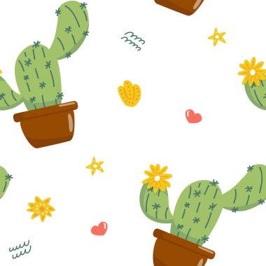 Adobe Illustrator 'da resmedilmiş, tekstil, duvar kâğıtları ve dekor için mükemmel, el yapımı şirin kaktüslerin kusursuz bir vektör deseni..