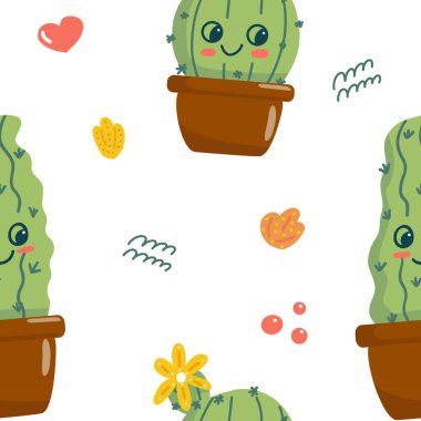 Adobe Illustrator 'da resmedilmiş, tekstil, duvar kâğıtları ve dekor için mükemmel, el yapımı şirin kaktüslerin kusursuz bir vektör deseni.