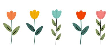Basit sapları ve yaprakları olan renkli düz lale çizimleri, bahar, çiçek dekoru ya da çocuk tasarımları için mükemmel.