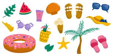 Tatil ve Plaj Simgeleriyle Yaz Vektörü seti. Yazın dondurma, güneş gözlüğü, parmak arası terlik, palmiye, çörek, karpuz, kokteyl, SPF ve daha fazlası ile renklendirilmiş vektör çizimi.