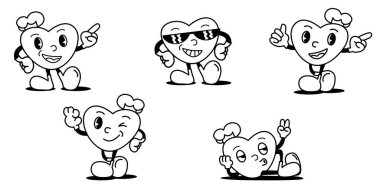 Bir dizi harika siyah beyaz çizgi sanat maskotları kalp şeklinde bir pasta şefi karakteri oyuncu pozlar veriyor.