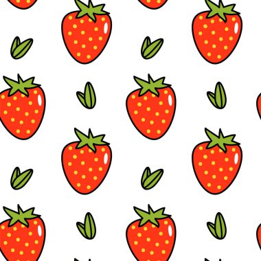 Tekrarlanan şablon ve bireysel meyve içeren çilek temalı vektör seti, ambalaj için uygun, çocuk baskısı ve tekstil.