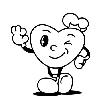 Kırpılmış kalp şeklinde bir pasta maskotunun çizgi film karakteri neşeli ve muzaffer bir jestle yumruğunu kaldırıyor.