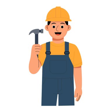 Kasklı ve yelekli bir erkek inşaat işçisinin izole edilmiş düz çizimi. Endüstri, iş gücü ve güvenlik konuları için harika.