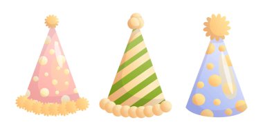 Karikatür Partisi Kutlamalar ve Etkinlikler için Şapka Vektörü. Parti şapkalarının parlak çizgi film tarzı vektör çizimi. Doğum günleri, tatiller ve kutlama temalı tasarımlar veya davetiyeler için mükemmel..