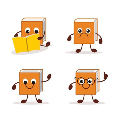 Duyguları ve ifadeleri olan sevimli çizgi roman karakteri. Komik turuncu kitap karakteri. Gözleri ve kolları farklı duygular gösteriyor. Mutlu, üzgün, okumuş ve zeki. Eğitim ve okul temaları için harika.