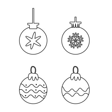Noel süsleri karalama çizgileri arka planda izole edilmiş. Karalama tarzında, beyaz arka planda izole edilmiş, renklendirme ve tasarım projeleri için mükemmel olan siyah çizgili Noel süsleri..