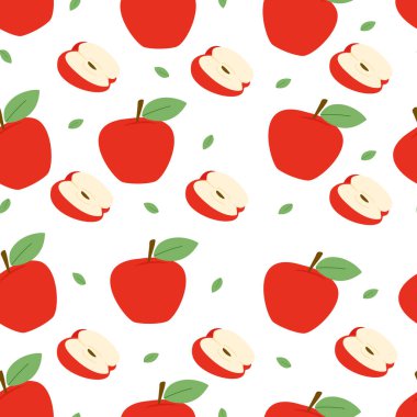 Kırmızı elma ve dilimlerle desenli.