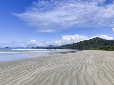 Praia da Fazenda - Ubatuba SP. Güzel ve dalgalı kumlu bir sahil, beyaz bulutlarla dolu açık mavi bir gökyüzünün altında denizin yumuşak dalgalarını yansıtıyor..