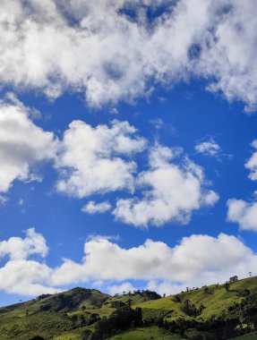 Yumuşak tepeleri ve açık mavi gökyüzü olan yeşil bir manzaranın güzel manzarası..