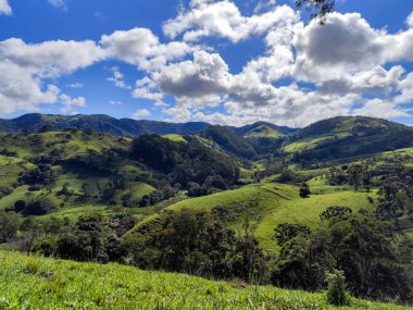 Yumuşak tepeleri ve açık mavi gökyüzü olan yeşil bir manzaranın güzel manzarası..