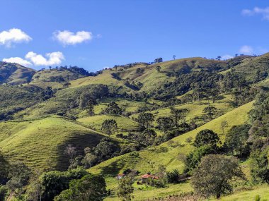 Yumuşak tepeleri ve açık mavi gökyüzü olan yeşil bir manzaranın güzel manzarası..
