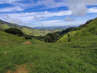 Yumuşak tepeleri ve açık mavi gökyüzü olan yeşil bir manzaranın güzel manzarası..