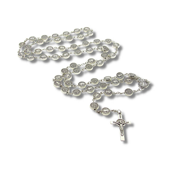 Saint Benedict rosary made with silver medals, displayed on a white background. A symbol of protection, Christian faith, and devotion.
