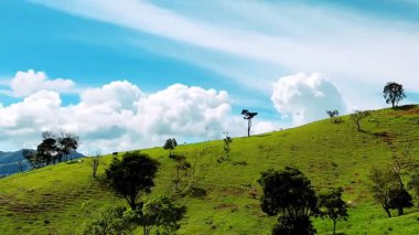 Parlak mavi gökyüzünün altında yemyeşil bir dağın manzarası. Güzel bir sabahta yumuşak beyaz bulutlar..