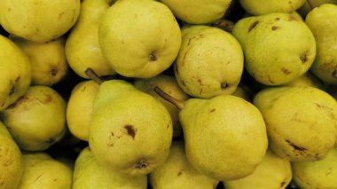 Olgun, taze armutlar bir marketin tezgahında düzgünce dizilmiş. Gıda, tarım, organik üretim, beslenme ya da sağlıklı yaşam tarzı temaları için idealdir. Yakın çekim olgun, taze armutlar düzgün bir şekilde dizilmiş