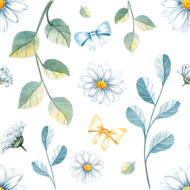 Papatya çayı, papatya suluboya çizimi kusursuz, izole bir arka plan. El yapımı bitkisel resimler, tebrikler, düğün, selamlama, davetiye kartı. Kağıt ve kumaş baskısı için.