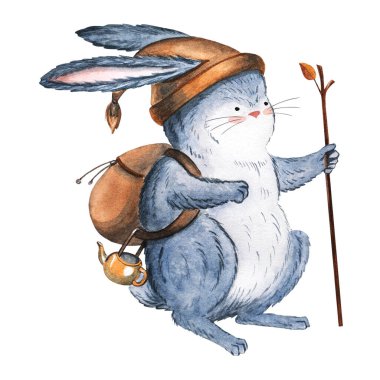 Sırt çantalı şirin bir tavşan karakterinin suluboya çizimi. Çocuk dekorasyonu için elle boyanmış orman hayvanı, çocuk odası resimleri, tebrik kartları ve hikaye kitabı tasarımları..