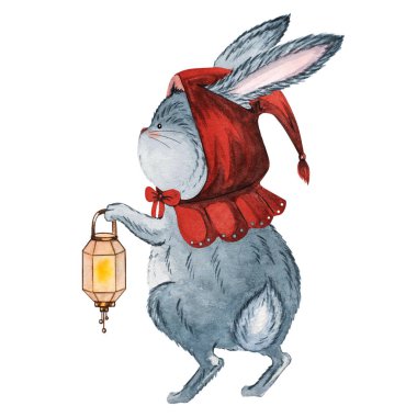 Kırmızı şapkalı, lambalı şirin bir tavşan karakterinin suluboya çizimi. Çocuk dekorasyonu için elle boyanmış orman hayvanı, çocuk odası resimleri, tebrik kartları ve hikaye kitabı tasarımları..