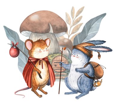 Fareli, tavşanlı ve mantarlı suluboya kompozisyonlar. Çocuk hikayeleri, tebrik kartları, çocuk odası dekorları ve tuhaf orman tasarımları için mükemmel..