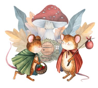 Fareler ve mantar evleriyle suluboya kompozisyonlar. Çocuk hikayeleri, tebrik kartları, çocuk odası dekorları ve tuhaf orman tasarımları için mükemmel..