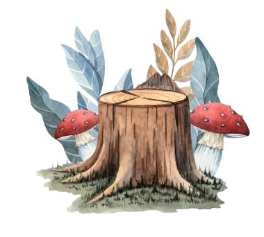 Mantarlı ve yapraklı bir orman kütüğünün suluboya çizimi. Köy dekorları, orman temaları, mevsimlik baskılar ve çocuk kitapları için harika..