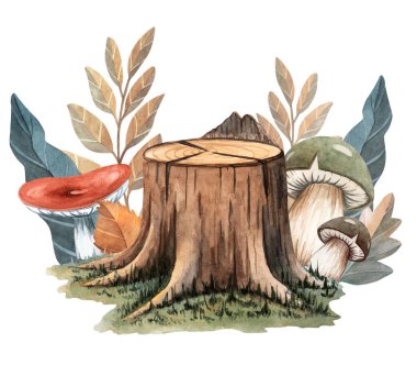 Mantarlı ve yapraklı bir orman kütüğünün suluboya çizimi. Köy dekorları, orman temaları, mevsimlik baskılar ve çocuk kitapları için harika..