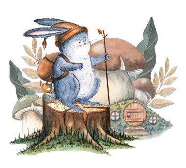 Arka planda mantar evi olan bir ağaç kütüğünde oturan tavşanın tuhaf suluboya çizimi. Peri masalı sahneleri, çocuk resimleri ve çocuk kitapları için mükemmel..