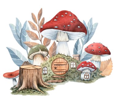 Mantarlı suluboya mantar evi ve arka planda yapraklar peri masalı çizimleri, çocuk kitapları, duvar sanatı ve büyülü orman tasarımları için mükemmel orman evleri..