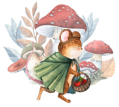 Fareler ve mantar evleriyle suluboya kompozisyonlar. Çocuk hikayeleri, tebrik kartları, çocuk odası dekorları ve tuhaf orman tasarımları için mükemmel..